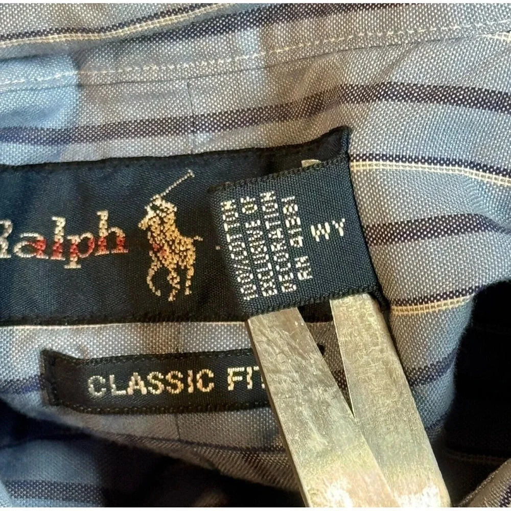 Vintage Polo Ralph Lauren Blue Striped Classic Fit‎ Button Down Shirt Men's XL